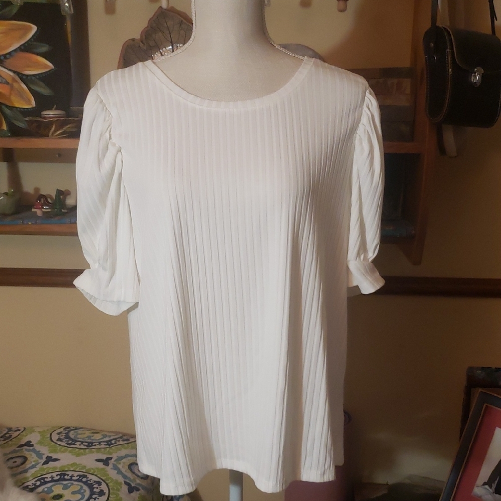 Cato Ribbed Puff Sleeve White Top - Picture 1 of 4
